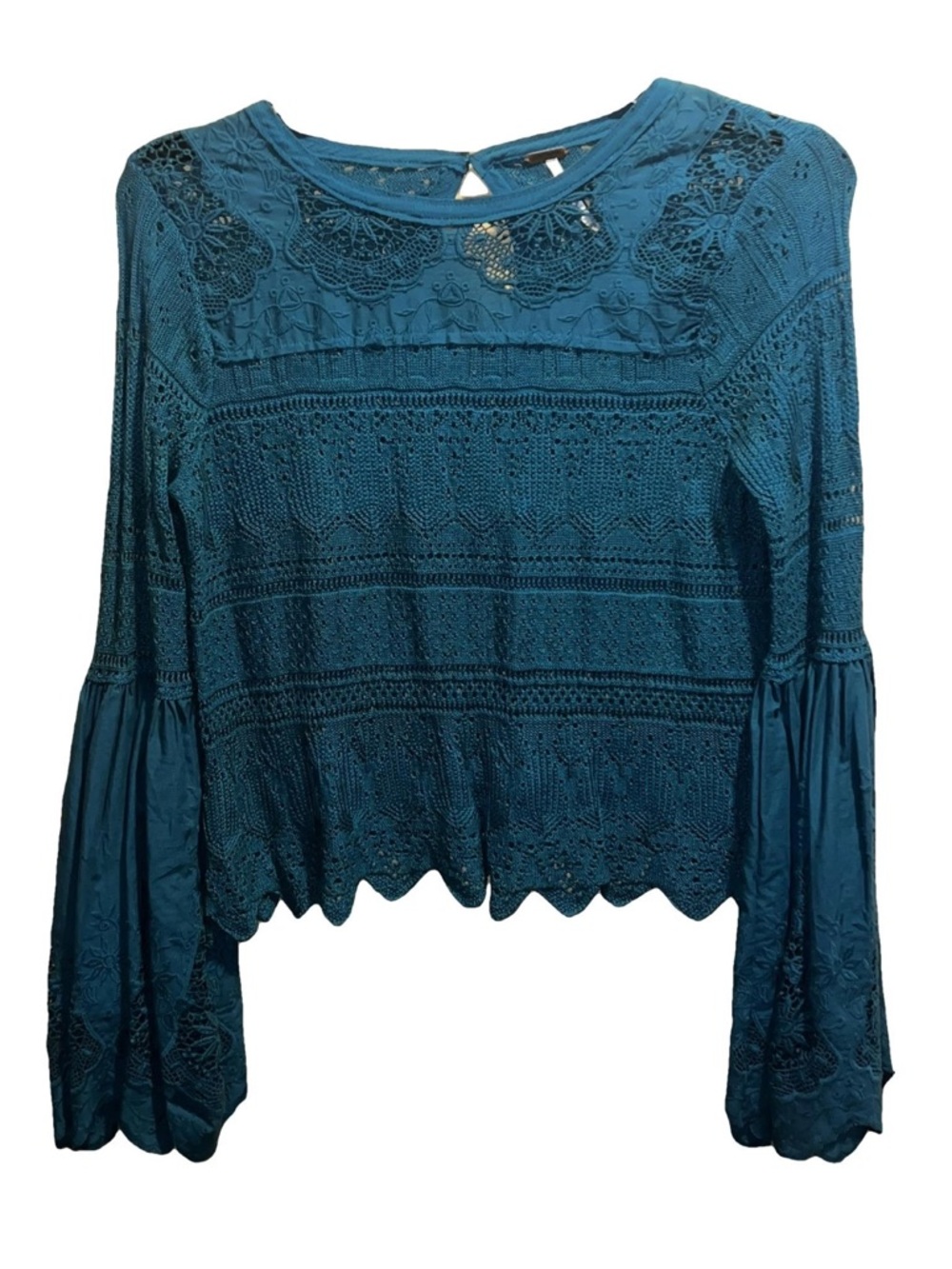 Free People Teal Crochet Lace Bell Flare Long-Sleeve Top sz XS
